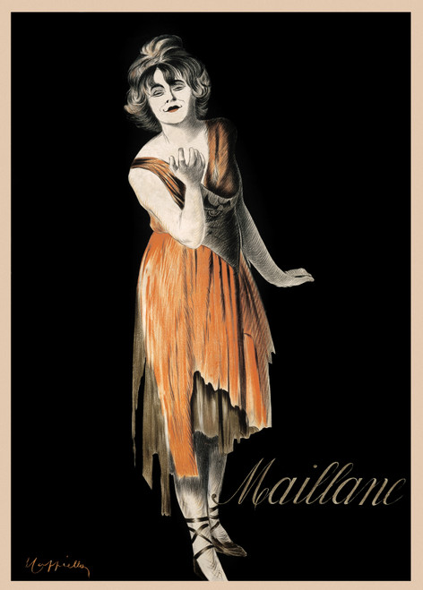 Maillane Vintage Poster by Leonetto Cappiello 1912 French Fashion & Clothing Advertisement – High Quality Giclee Reproduction Fine Art Print. Featuring a woman in an orange dress, standing confidently with a playful expression, set against a striking black background.