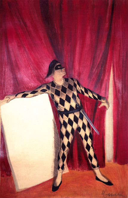 Theatre de L'Etoile Vintage Poster by Leonetto Cappiello 1923 French Theater Advertisement – High Quality Giclee Reproduction Fine Art Print. Featuring a Harlequin figure holding a blank canvas on a stage, set against a dramatic red curtain backdrop.