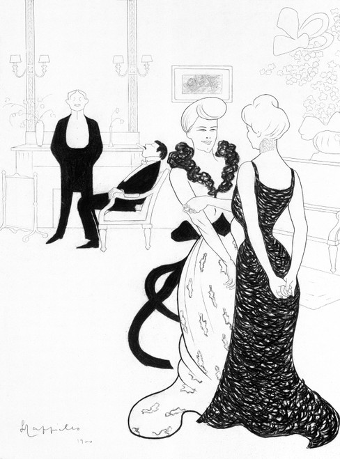 Le Rire Vintage Poster by Leonetto Cappiello 1900 French Fashion & Haute Couture Advertisement – High Quality Giclee Reproduction Fine Art Print. Featuring two women in elegant dresses conversing, with two men positioned in the background, all set against a luxurious black and white drawing room backdrop.