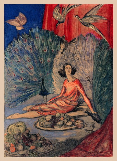 Princess du Babylon Vintage Poster by Leonetto Cappiello 1928 French Luxury Goods Advertisement – High Quality Giclee Reproduction Fine Art Print. Featuring a woman in a flowing red dress seated among plates of fruit with peacocks and birds flying above, set against a rich backdrop of red and blue.
