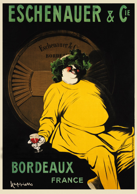 Eschenauer & Cie Bordeaux France Vintage Poster by Leonetto Cappiello 1907 French Wine & Spirits Advertisement – High Quality Giclee Reproduction Fine Art Print. Featuring Bacchus, the god of wine, adorned with a grapevine wreath, holding a glass of wine while sitting beside a large barrel, set against a vibrant black background.
