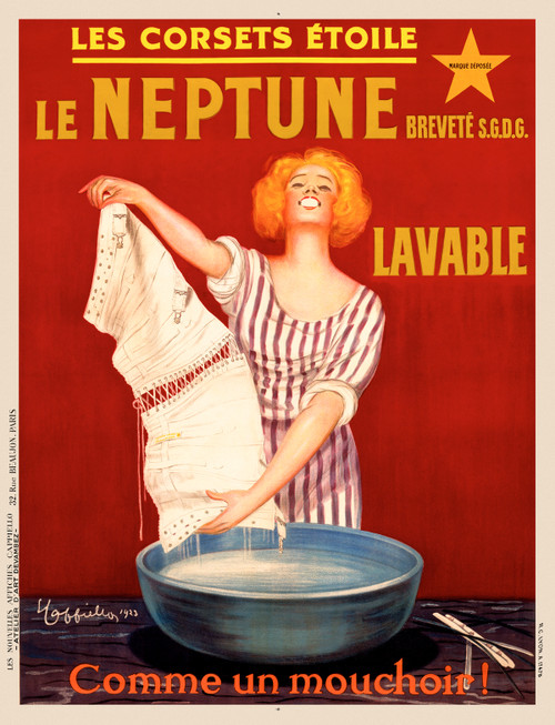 Les Corsets Etoile Le Neptune Lavable Vintage Poster by Leonetto Cappiello 1923 French Corsets & Fashion Advertisement – High Quality Giclee Reproduction Fine Art Print. Featuring a woman joyfully washing a corset in a large bowl of water, set against a bold red background.