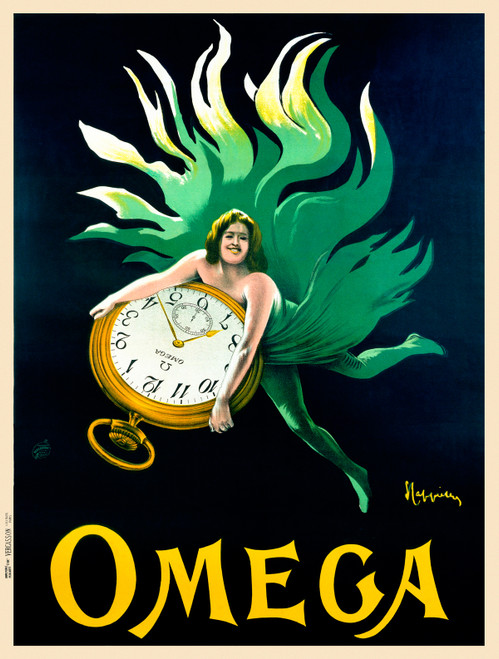 Omega Omega Vintage Poster by Leonetto Cappiello 1910 French Watch Advertisement – High Quality Giclee Reproduction Fine Art Print. Featuring a woman in green flowing fabric, floating against a black background while holding a pocket watch.
