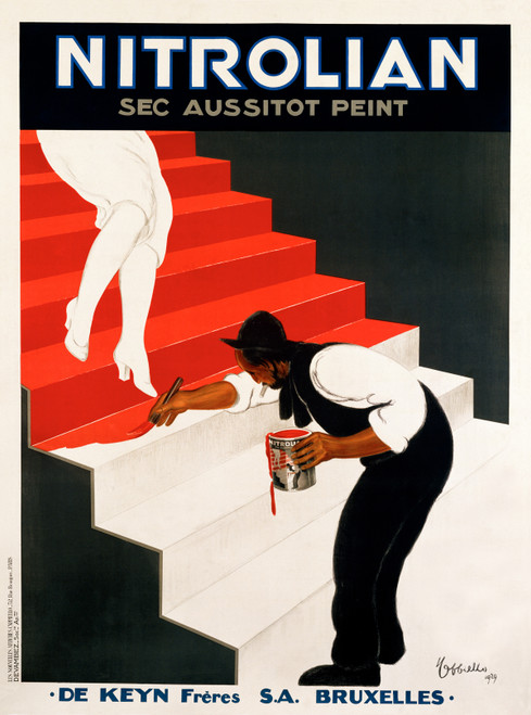 Nitrolian Vintage Poster by Leonetto Cappiello 1929 French Paint Advertisement – High Quality Giclee Reproduction Fine Art Print. Featuring a man painting white stairs red while a woman in high heels steps up, set against a sleek black background.