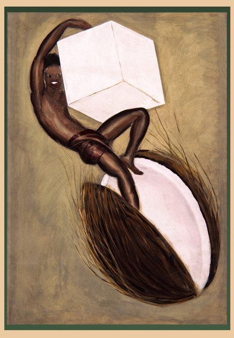 AXA Margarine (proof) Vintage Poster by Leonetto Cappiello 1931 French Margarine Food Product Advertisement – High Quality Giclee Reproduction Fine Art Print. Featuring a man balancing a large margarine cube while sitting on a broken coconut, set against a neutral colored background.