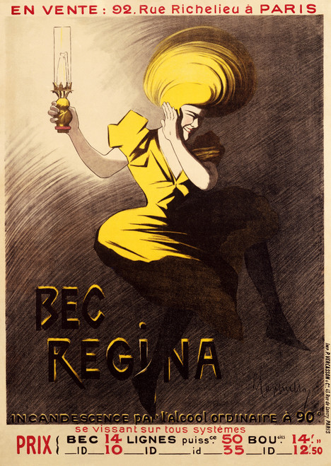 Bec Regina Vintage Poster by Leonetto Cappiello 1901 French Lighting Advertisement – High Quality Giclee Reproduction Fine Art Print. Featuring a woman in a striking yellow dress holding a glowing kerosene lamp, set against a vibrant dark grey background.