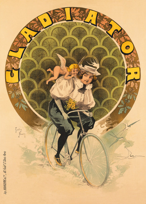 Gladiator Cycles Vintage Poster by Gaston Noury 1898 French Bicycle Advertisement – High Quality Giclee Reproduction Fine Art Print. Featuring a woman riding a bicycle with a winged cherub on her back, surrounded by decorative circular patterns.