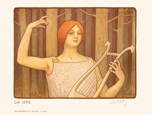 La Lyre Vintage Poster by Paul Berthon 1901 French Art Nouveau Advertisement – High Quality Giclee Reproduction Fine Art Print. Featuring a young woman playing a lyre, set against a tranquil forest backdrop with soft, muted tones.