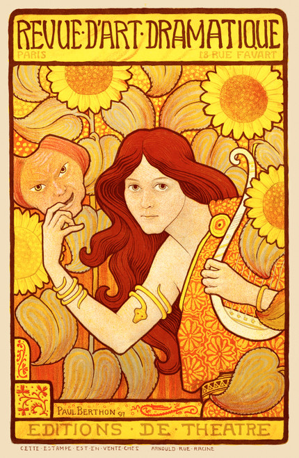 Revue d’Art Dramatique Vintage Poster by Paul Berthon 1897 French Theatre Advertisement – High Quality Giclee Reproduction Fine Art Print. Featuring a woman holding a lyre with long flowing hair and a mischievous figure behind her, set against a vibrant sunflower and swirling floral background in yellow and orange tones.