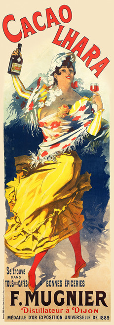 Cacao Lhara Vintage Poster by Jules Cheret 1889 French Wine & Spirits Advertisement – High Quality Giclee Reproduction Fine Art Print. Featuring a woman in a vibrant yellow dress with a floral shawl, holding a bottle and glass of cacao liqueur, set against a bright blue and yellow background with dynamic, flowing lines.