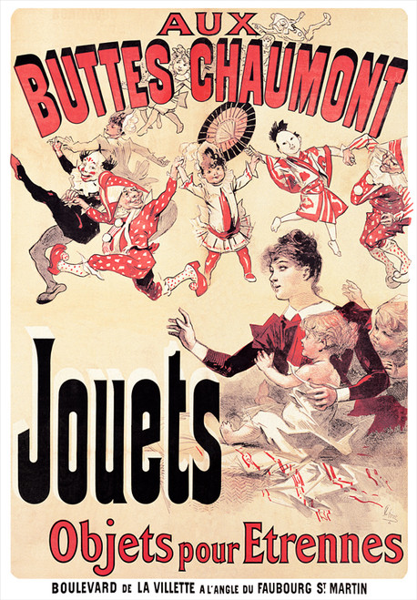 Jouets Aux Buttes Chaumont Vintage Poster by Jules Cheret 1886 French Toys & Games Advertisement – High Quality Giclee Reproduction Fine Art Print. Featuring a woman and her two children, watching a parade of playful dancing figures in various colorful costumes, set against a light colored background.