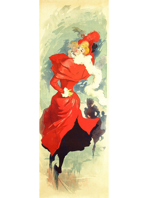 Palais de Glace Vintage Poster by Jules Cheret 1890 French Ice Skating & Art Nouveau Advertisement – High Quality Giclee Reproduction Fine Art Print. Featuring a graceful figure of a woman in a flowing red dress, skating elegantly on ice, her vibrant red attire swirling in motion, set against a soft, ethereal background of blue and muted tones, evoking a sense of fluidity and energy.