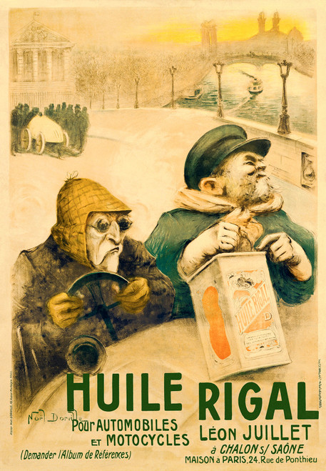 Huile Rigal Pour Automobiles Et Motocycles by Noel Dorville Vintage Poster 1903 French Automobile & Motorcycle Oil Advertisement – High Quality Giclee Reproduction Fine Art Print. Featuring two humorous figures, one holding a steering wheel and the other holding an oil can, set against a background of Parisian landmarks, with a warm, nostalgic color palette.