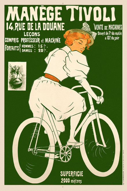 Manege Tivoli Vintage Poster by Misti 1880s French Bicyle & Fitness Advertisement – High Quality Giclee Reproduction Fine Art Print. Featuring a charming woman in a white dress riding a bicycle, with a vintage look and bold typography, set against a vibrant green background.
