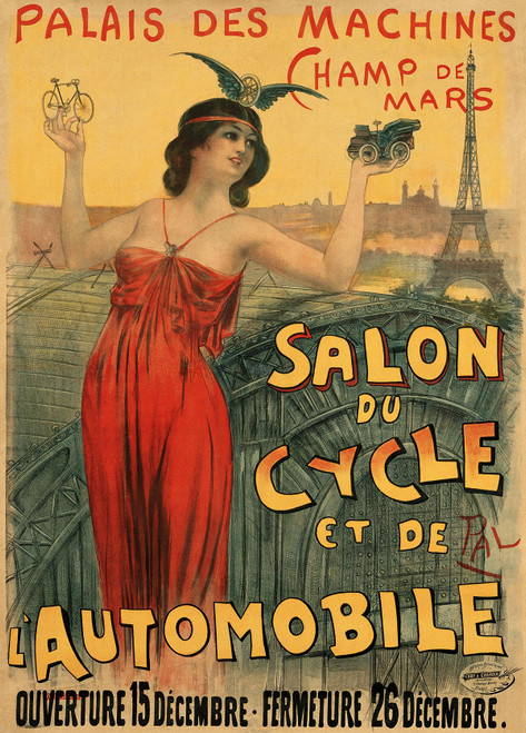 Salon Du Cycle Et De L'Automobile Vintage Poster by Pal (Jean de Paleologue) 1900 French Automobile & Bicycle Exhibition Advertisement – High Quality Giclee Reproduction Fine Art Print. Featuring a woman in a flowing red dress holding a bicycle and a car, set against a backdrop of the Eiffel Tower and the intricate ironwork of the event venue.