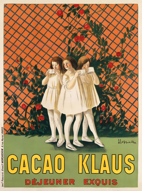 Cacao Klaus Vintage Poster by Leonetto Cappiello 1910 French Cacao & Hot Chocolate Advertisement – High Quality Giclee Reproduction Fine Art Print. Featuring three young girls in white dresses sipping from cups, with a backdrop of red roses on a lattice pattern, set against a bright background.