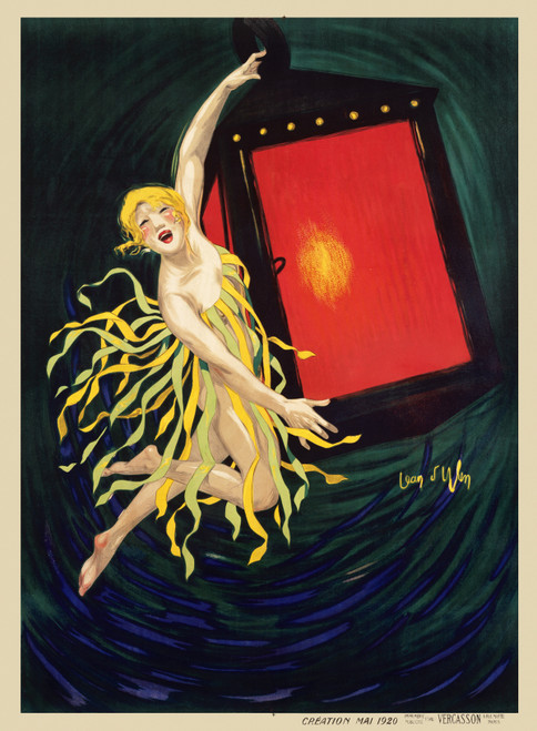 La Lantern Vintage Poster by Jean D'Ylen 1920 French Product  Advertisement – High Quality Giclee Reproduction Fine Art Print. Featuring a lively woman in a yellow and green fringe costume, suspended in motion while holding a glowing red lantern, set against a swirling dark green background.