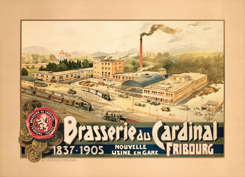 Brasserie du Cardinal Vintage Poster by Maurice Zimmermann 1905 Swiss Beer Advertisement – High Quality Giclee Reproduction Fine Art Print. Featuring a detailed illustration of the Brasserie du Cardinal brewery in Fribourg, showing the factory building, trains, and trucks in action, set against a soft, pastel background with the brewery’s logo. Horizontal poster.