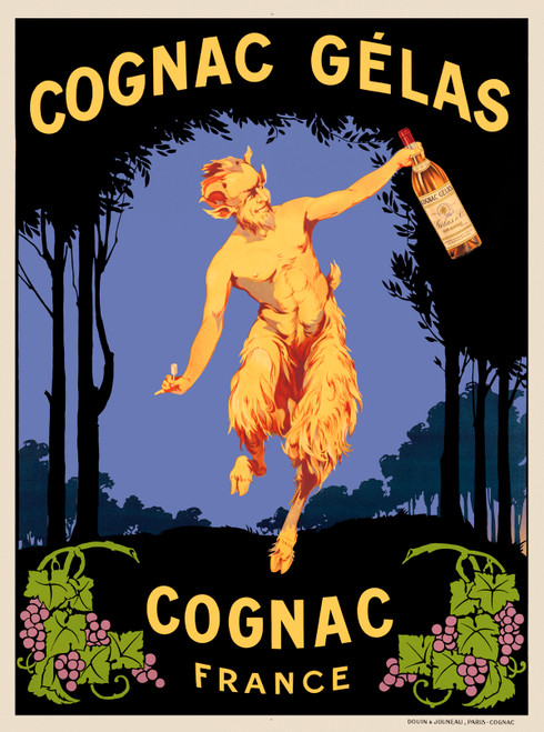 Cognac Gelas France Vintage Poster by Jean D'Ylen 1910 French Wine & Spirits Advertisement – High Quality Giclee Reproduction Fine Art Print. Featuring a mythological golden satyr like figure dancing joyfully, while holding a bottle of Cognac Gelas, set against a vibrant black and blue forest backdrop with grapevine details at the bottom.