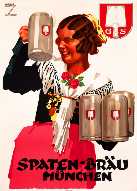 Spaten-Brau Munchen Vintage Poster by Ludwig Hohlwein 1936 German Beer Advertisement – High Quality Giclee Reproduction Fine Art Print. Featuring a joyful woman in traditional Bavarian attire, raising a beer stein with one hand while holding three others in the other, set against a simple beige background with the Spaten-Brau logo.