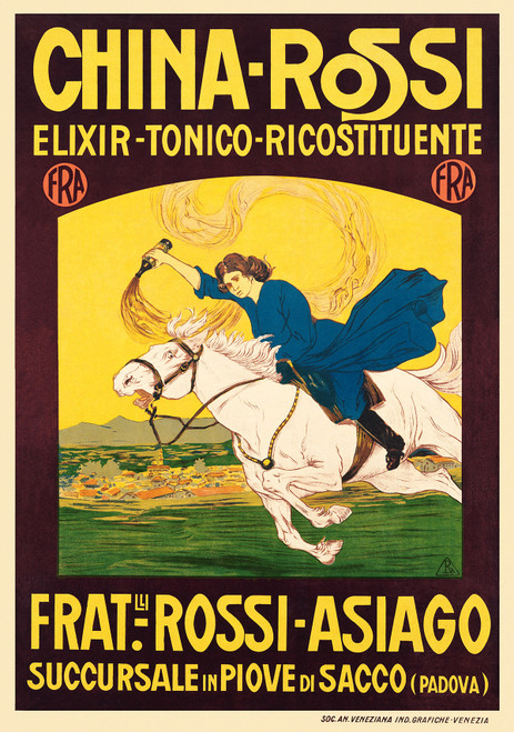 China Rossi Elixir Tonico Vintage Poster 1905 Italian Wine & Spirits Advertisement – High Quality Giclee Reproduction Fine Art Print. Featuring a woman riding a white horse while holding a bottle of the liqueur, set against a vibrant yellow and maroon background with a landscape of rolling hills and a distant village.