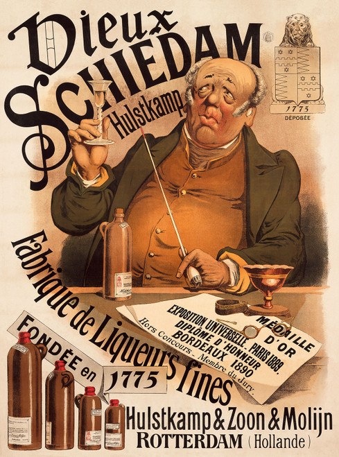 Dieux Schiedam Liqueur Vintage Poster 1900 French Wine & Spirits Advertisement – High Quality Giclee Reproduction Fine Art Print. Featuring a caricatured gentleman holding a glass of liquor, while sitting at a table surrounded by bottles, with vintage typography and text elements, set against a rich black background with decorative flourishes.