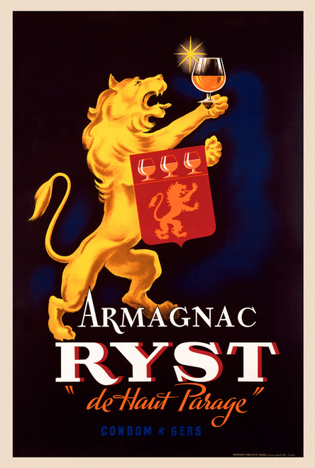 Armagnac Ryst Brandy Vintage Poster 1945 French Wine & Spirits Advertisement – High Quality Giclee Reproduction Fine Art Print. Featuring a roaring golden lion holding a glass of Armagnac brandy in one paw and a red flag with a coat of arms in the other, set against a dark blue and black background.