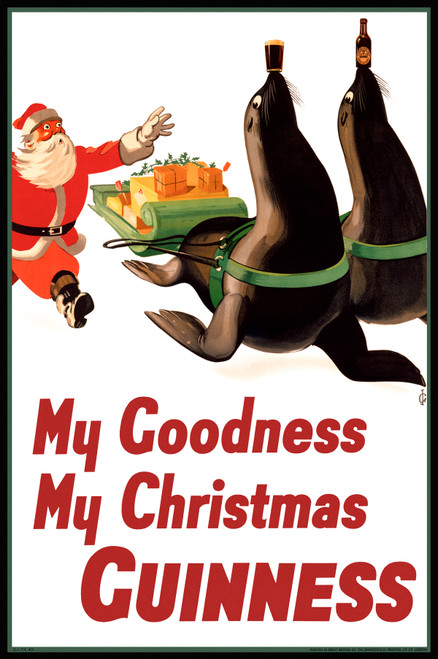 Guinness Christmas Vintage Poster by John Gilroy 1940 English Beer Advertisement – High Quality Giclee Reproduction Fine Art Print. Featuring a whimsical scene of Santa Claus chasing a sleigh with gifts, dragged by two seals, one balancing a pint, the other one a bottle of Guinness on its nose, set against a bold white background with the text “My Goodness, My Christmas Guinness.”