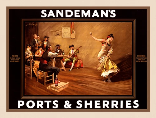 Sandeman’s Ports & Sherries Vintage Poster by Scott 1920 English Wine & Spirits Advertisement – High Quality Giclee Reproduction Fine Art Print. Featuring a lively scene with a flamenco dancer in motion and a group of men enjoying drinks and music in a rustic tavern setting, set against a warm, earthy toned background. Horizontal poster.