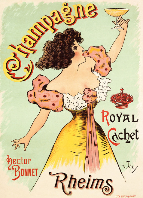 Champagne Royal Cachet Vintage Poster by Joe 1900 French Wine & Spirits Advertisement – High Quality Giclee Reproduction Fine Art Print. Featuring an elegant woman in a vibrant yellow and pink gown, holding a champagne glass, with the iconic Royal Cachet logo and intricate typography set against a pastel colored background.