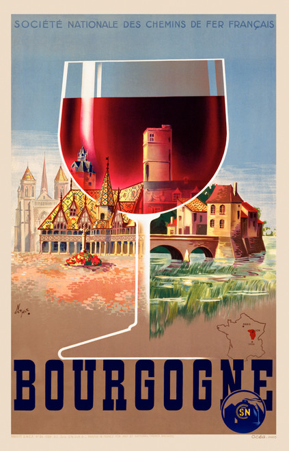 Bourgogne SNCF Vintage Poster by N. Gerale 1939 French Wine & Travel Advertisement – High Quality Giclee Reproduction Fine Art Print. Featuring a vibrant scene of a glass of Burgundy wine, with a view of architectural landmarks and riverside scenes from the Burgundy region, beneath a light background.