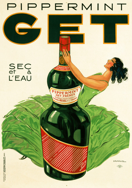 Pippermint Get Vintage Poster by Jules Isnard Dransy 1935 French Wine & Spirits Advertisement – High Quality Giclee Reproduction Fine Art Print. Featuring a woman in a green dress playfully holding a large bottle of Pippermint Get liqueur, set against a light background.