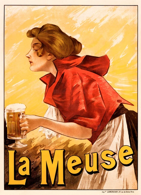 La Meuse Bieres Vintage Poster by Imp. Le Mercier 1901 French Beer Advertisement – High Quality Giclee Reproduction Fine Art Print. Featuring a woman in a red jacket and white apron, holding a glass of beer with a gentle, contemplative expression, set against a warm yellow background.