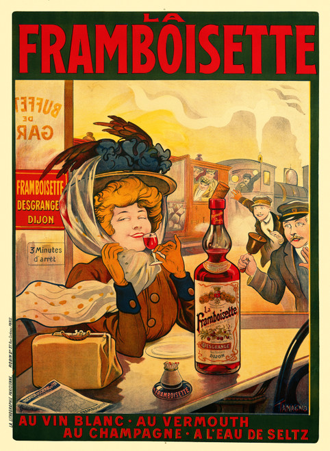 La Framboisette Vintage Poster by F. Tamagno 1905 French Wine & Spirits Advertisement – High Quality Giclee Reproduction Fine Art Print. Featuring a woman in a large hat and scarf, holding a glass of raspberry liqueur with a delighted expression, set against a backdrop of a train station with passengers and a bottle of Framboisette prominently displayed.