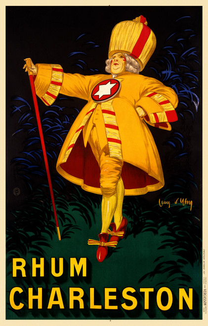 Rhum Charleston Vintage Poster by Jean D'Ylen 1921 French Rum & Spirits Advertisement – High Quality Giclee Reproduction Fine Art Print. Featuring a flamboyantly dressed character in a yellow outfit with a large hat, holding a cane, set against a dark background.