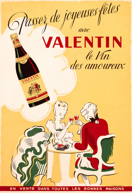Valentin Le Vin Vintage Poster by Sylval 1930 French Wine & Spirits Advertisement – High Quality Giclee Reproduction Fine Art Print. Featuring a romantic couple in elegant attire, clinking glasses of Valentin wine at a table, set against a soft yellow background with the wine bottle prominently displayed above them.