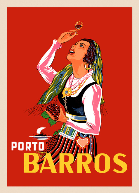Porto Barros Vintage Poster 1940 Spanish Wine & Spirits Advertisement – High Quality Giclee Reproduction Fine Art Print. Featuring a woman in traditional attire holding a bunch of grapes in one hand and a glass of Porto Barros in the other, set against a vibrant red background.