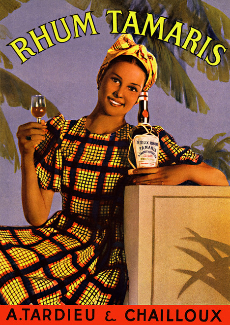 Rhum Tamaris Vintage Poster 1940 French Rum & Spirits Advertisement – High Quality Giclee Reproduction Fine Art Print. Featuring a woman in a colorful checkered dress holding a glass of Rhum Tamaris, with a bottle of the rum placed on a pedestal, surrounded by tropical palm leaves.