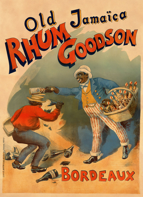 Old Jamaica Rhum Goodson Vintage Poster by A. Gallice 1893 French Wine & Spirits Advertisement – High Quality Giclee Reproduction Fine Art Print. Featuring a lively scene with two characters, one in a red shirt and the other in a blue suit, both holding bottles of rum and positioned against a light background with broken bottles on the ground.