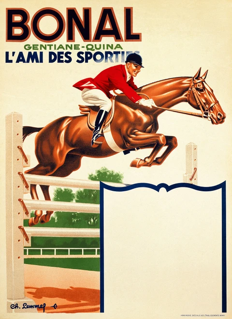 Bonal Gentiane-Quina Poster by Ch. Lemmel 1930 Vintage French Wine & Spirits Advertisement – High Quality Giclee Reproduction Fine Art Print. Featuring a rider in a red jacket leaping over a fence on horseback, with an empty space for customizable text, capturing the spirit of sportsmanship and energy.