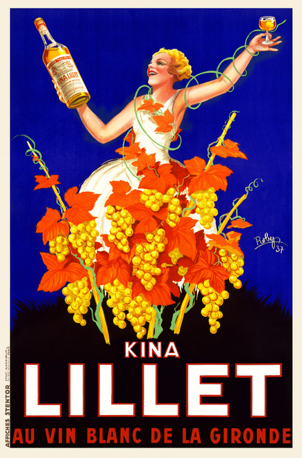 Kina Lillet Vintage Poster by Robys (Robert Wolff) 1937 French Wine & Spirits Advertisement – High Quality Giclee Reproduction Fine Art Print. Featuring a lively woman in a white dress joyfully holding a bottle of Kina Lillet with a glass of the beverage, surrounded by bright yellow grapes and vibrant autumn leaves, set against a blue background.
