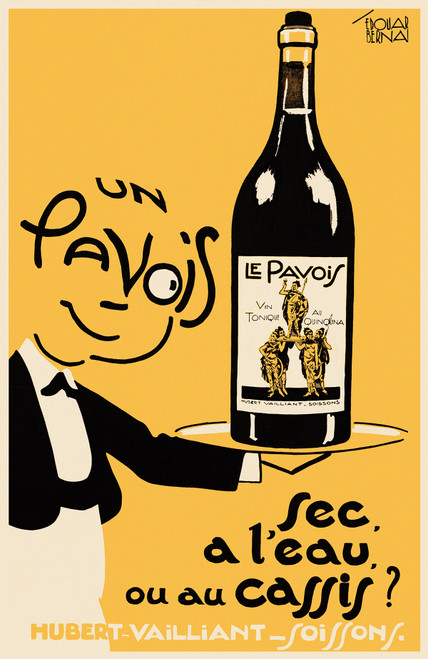 Le Pavois Vintage Poster by Edouard Bernard 1934 French Wine & Spirits Advertisement – High Quality Giclee Reproduction Fine Art Print. Featuring a smiling waiter holding a bottle of Le Pavois wine with its distinctive label, set against a bold yellow background.