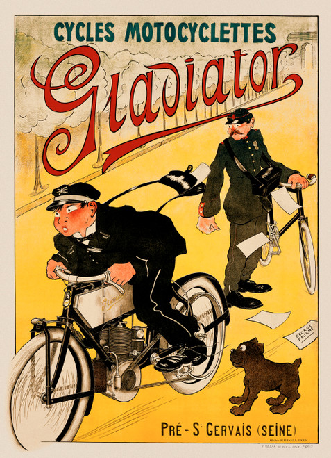 Gladiator Cycles Motocyclettes Vintage Poster 1910 French Bicycle & Motorcycle Advertisement – High Quality Giclee Reproduction Fine Art Print. Featuring two mailmen delivering mail, one on a motorcycle and the other on a bicycle, with papers scattered in motion, and a dog watching, set against a bright yellow background.