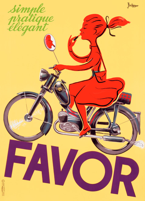 Favor Scooter Vintage Poster by Pierre Bellenger 1952 French Motorcycle Advertisement – High Quality Giclee Reproduction Fine Art Print. Featuring a woman in a red dress applying lipstick while riding a motorcycle, set against a yellow background with the word Favor in bold purple typography.