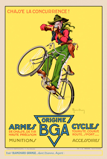 BGA Armes and Cycles Vintage Poster by Martin Dupin 1930s Belgian Bicycles & Hunting Gear Advertisement – High Quality Giclee Reproduction Fine Art Print. Featuring a whimsical illustration of a man in cowboy attire, riding a bicycle and shooting a gun, set against a bright yellow background.