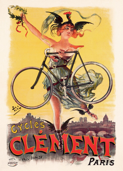 Cycles Clement Vintage Poster by PAL (Jean de Paleologue) 1898 French Bicycle Advertisement – High Quality Giclee Reproduction Fine Art Print. Featuring a lively woman holding a bicycle with a rooster on her head, set against a bright yellow background.