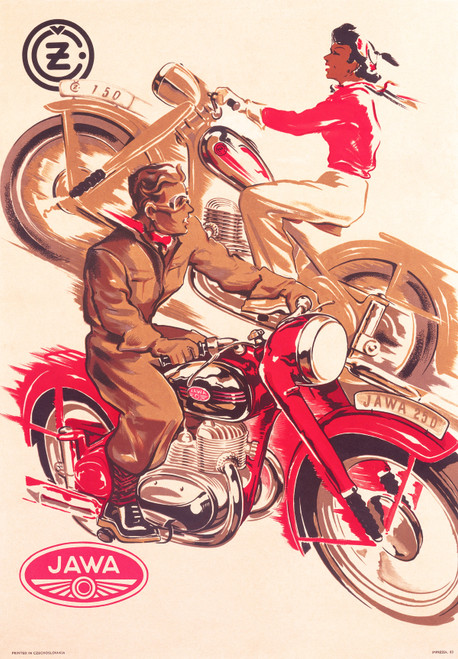 Motorcycles JAWA 150 Jawa 250 Vintage Poster 1950s Czechoslovakian Motorcycle Advertisement – High Quality Giclee Reproduction Fine Art Print. Featuring a man and a woman riding the red Jawa 250 and 150 motorcycles, with the man in a brown suit and the woman in a red top, both depicted in dynamic motion with streaked lines, set against a light beige background.