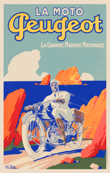 La Moto Peugeot La Grande Marque Nationale Vintage Poster by Favre 1928 French Motorcycle Advertisement – High Quality Giclee Reproduction Fine Art Print. Featuring a man in a white suit riding a Peugeot motorcycle along a coastal road with vibrant red rocks and a blue ocean in the background.
