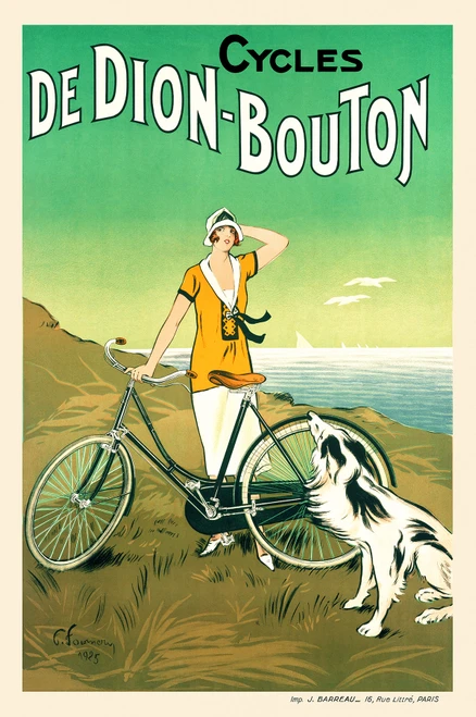 Cycles de Dion-Bouton Vintage Poster by C. Fourney 1925 French Bicycle Advertisement – High Quality Giclee Reproduction Fine Art Print. Featuring a woman in a yellow dress standing next to a vintage bicycle, with a dog at her side, set against a serene coastal background with a gentle green gradient sky.