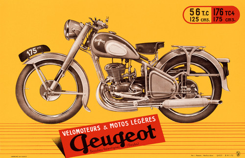 Peugeot Motos Vintage Poster 1940 French Motorcycles Advertisement – High Quality Giclee Reproduction Fine Art Print. Featuring a detailed side view of a Peugeot motorized bicycle with a sleek and modern design, set against a vibrant orange background with bold red accents highlighting the specifications and branding. Horizontal poster.